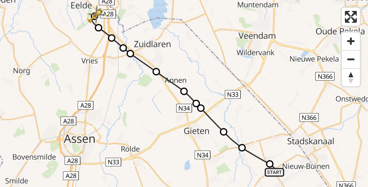 Vluchtroute Traumahelikopter Nieuw-Buinen - Groningen Airport Eelde, 21 juni 2026, 10:36