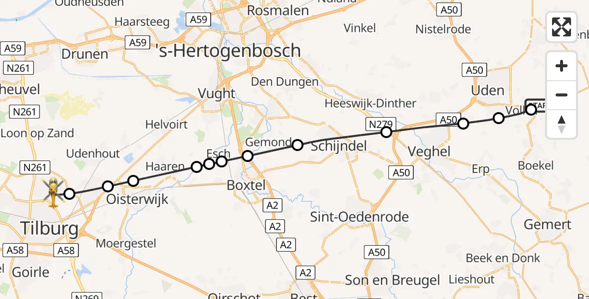 Vluchtroute Traumahelikopter Vliegbasis Volkel - Tilburg, 21 juni 2026, 10:57