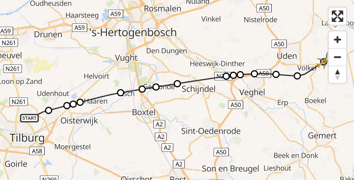 Vluchtroute Traumahelikopter Tilburg - Vliegbasis Volkel, 21 juni 2026, 11:34