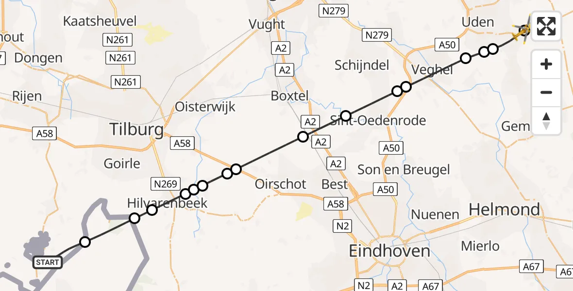 Vluchtroute Traumahelikopter Baarle-Nassau - Vliegbasis Volkel, 21 juni 2026, 13:08