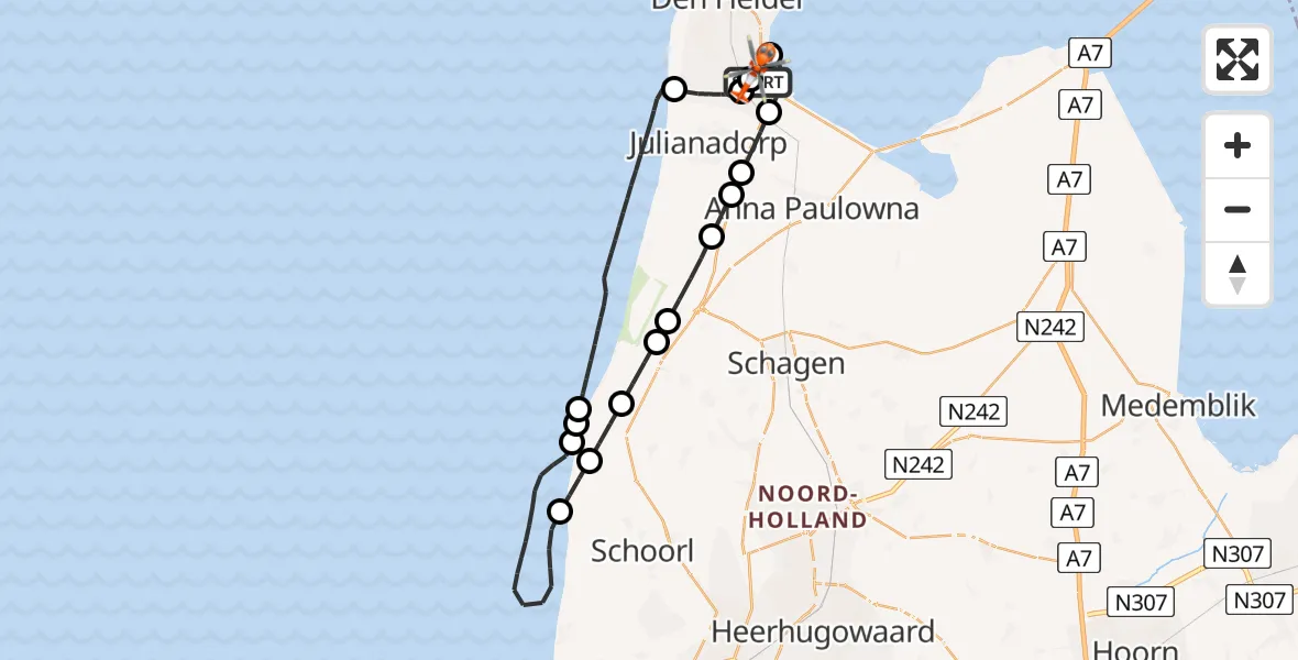 Vluchtroute Kustwachthelikopter Militair vliegveld De Kooy / Den Helder Airport - Militair vliegveld De Kooy / Den Helder Airport, 21 juni 2026, 13:15