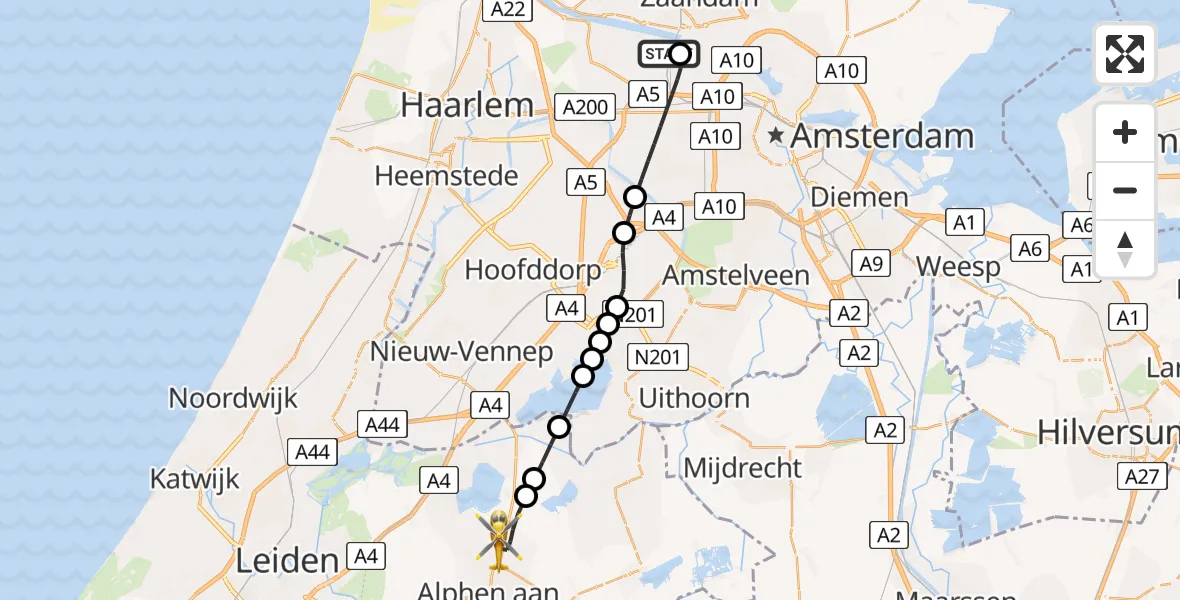 Vluchtroute Traumahelikopter Amsterdam Heliport - Woubrugge, 21 juni 2026, 14:10