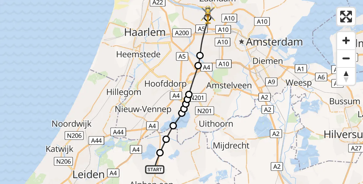Vluchtroute Traumahelikopter Woubrugge - Amsterdam Heliport, 21 juni 2026, 14:30