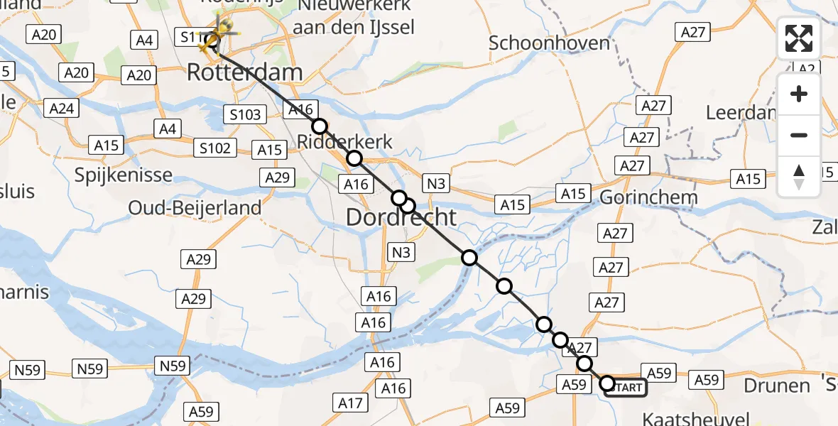 Vluchtroute Traumahelikopter Waspik - Rotterdam The Hague Airport, 21 juni 2026, 14:35