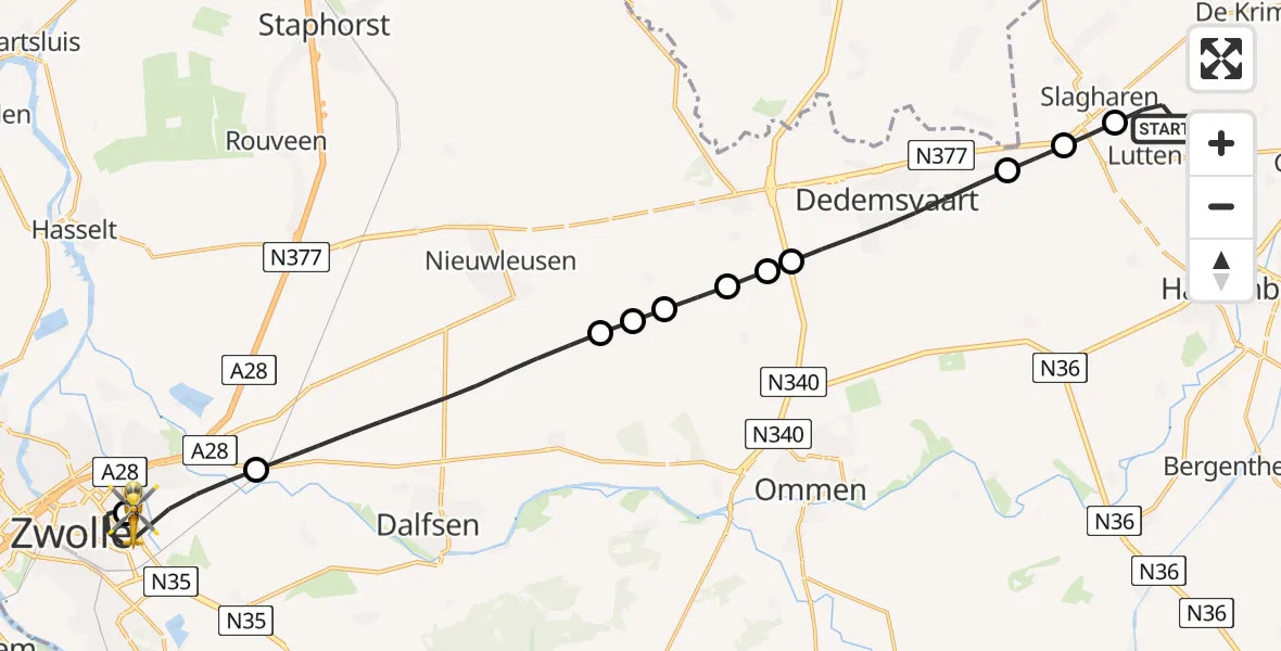 Vluchtroute Traumahelikopter Lutten - Isala Hospital Zwolle Heliport, 21 juni 2026, 15:17
