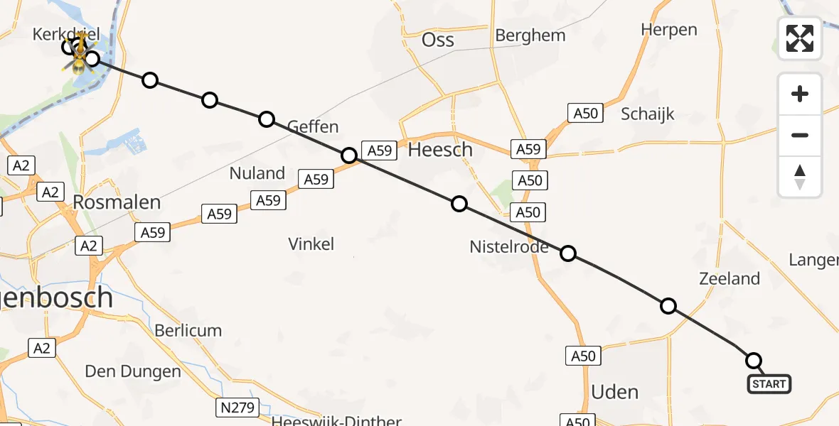 Vluchtroute Traumahelikopter Vliegbasis Volkel - Hoenzadriel, 21 juni 2026, 15:27