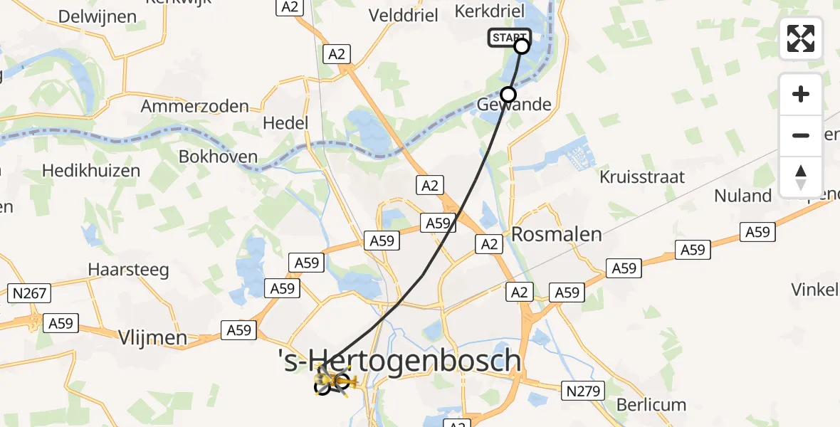 Vluchtroute Traumahelikopter Hoenzadriel - 's-Hertogenbosch, 21 juni 2026, 16:12
