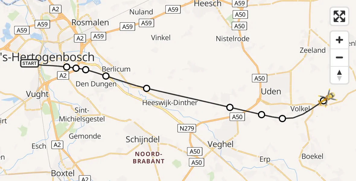 Vluchtroute Traumahelikopter 's-Hertogenbosch - Vliegbasis Volkel, 21 juni 2026, 16:48