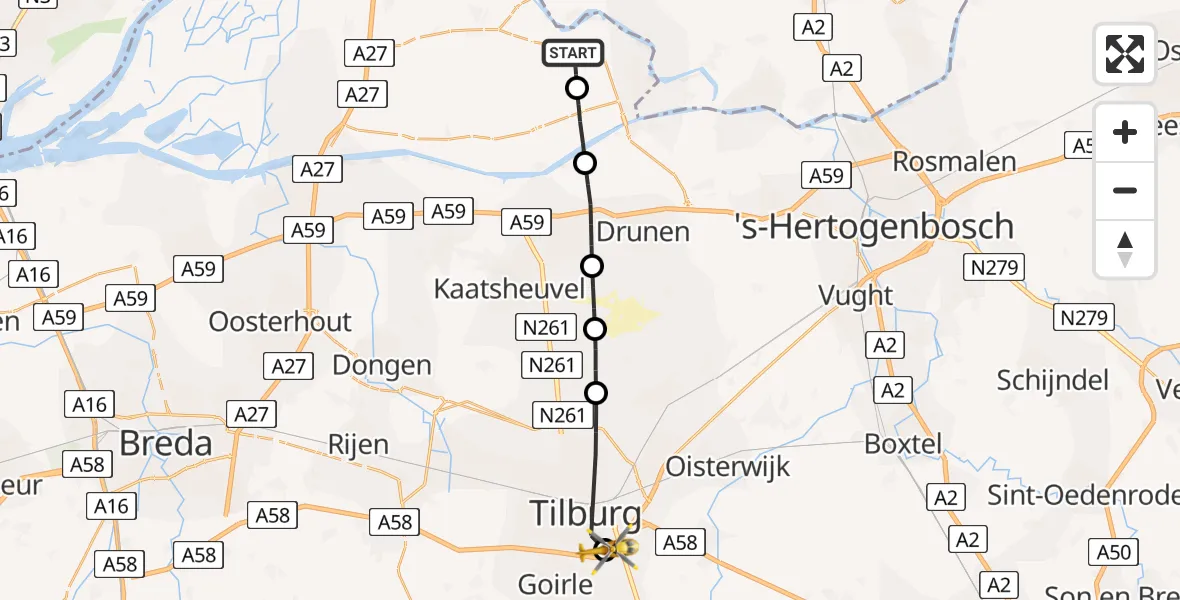 Vluchtroute Traumahelikopter Wijk en Aalburg - St. Elisabeth Hospital Heliport, 21 juni 2026, 16:51