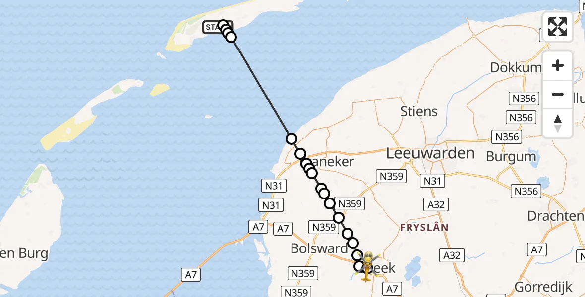 Vluchtroute Ambulancehelikopter Terschelling Heliport - Antonius Hospital Heliport, 21 juni 2026, 17:02