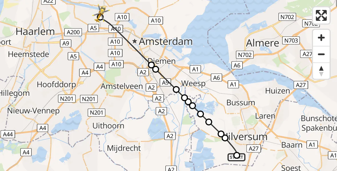 Vluchtroute Traumahelikopter Vliegveld Hilversum - Amsterdam Heliport, 21 juni 2026, 17:33
