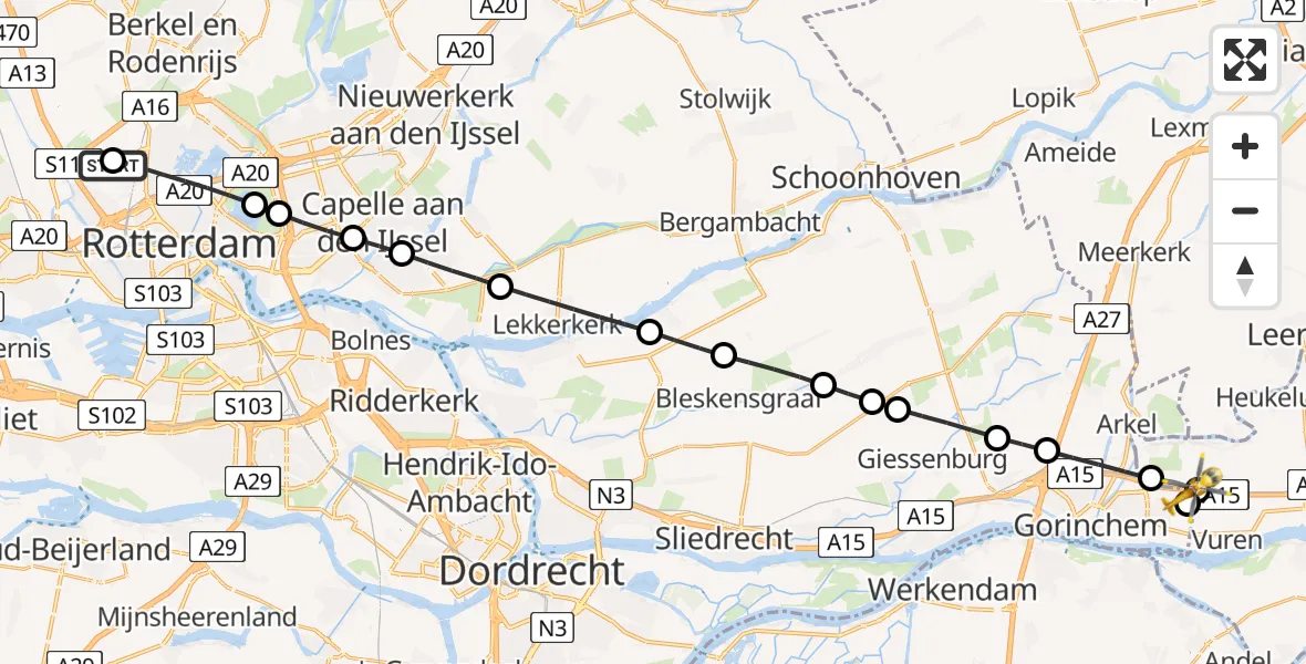 Vluchtroute Traumahelikopter Rotterdam The Hague Airport - Gorinchem, 21 juni 2026, 18:09