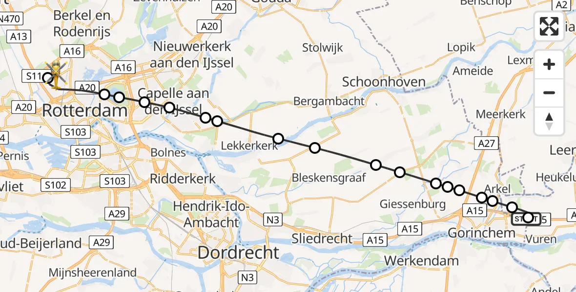 Vluchtroute Traumahelikopter Gorinchem - Rotterdam The Hague Airport, 21 juni 2026, 18:48