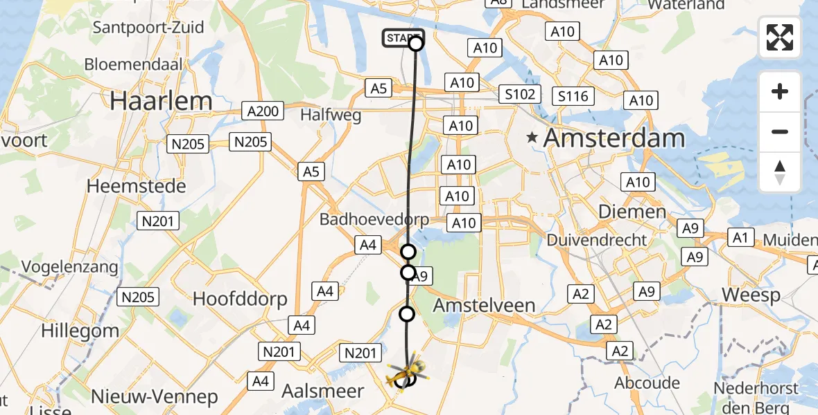 Vluchtroute Traumahelikopter Amsterdam Heliport - Aalsmeer, 21 juni 2026, 19:04