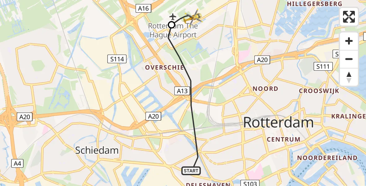 Vluchtroute Traumahelikopter Rotterdam - Rotterdam The Hague Airport, 21 juni 2026, 19:44