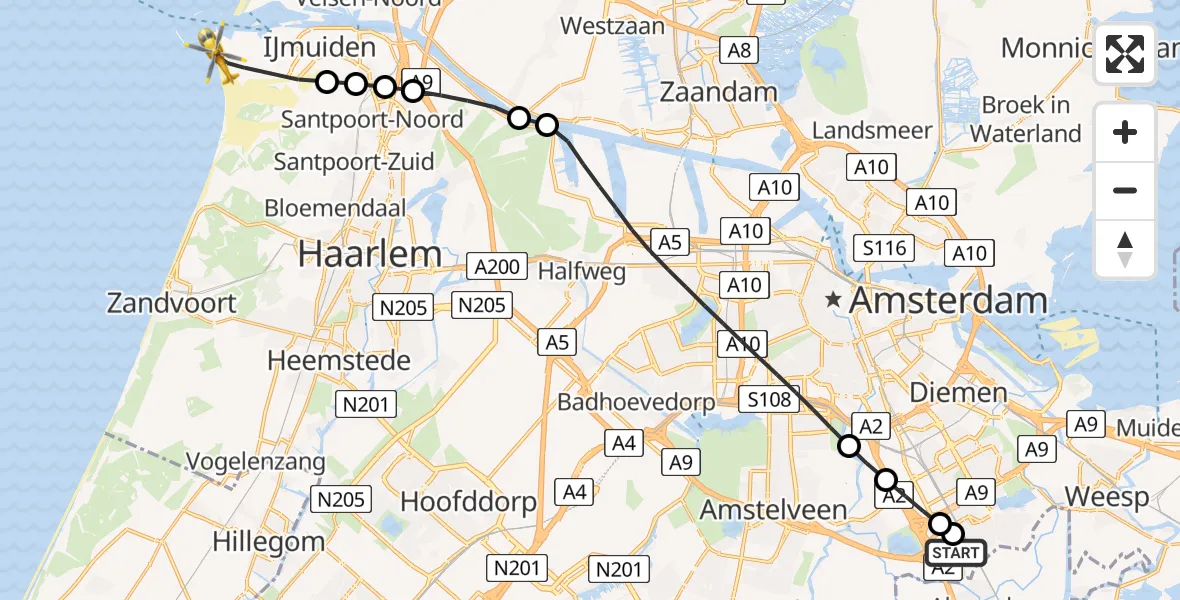 Vluchtroute Traumahelikopter Amsterdam UMC Helipad - IJmuiden, 21 juni 2026, 20:29