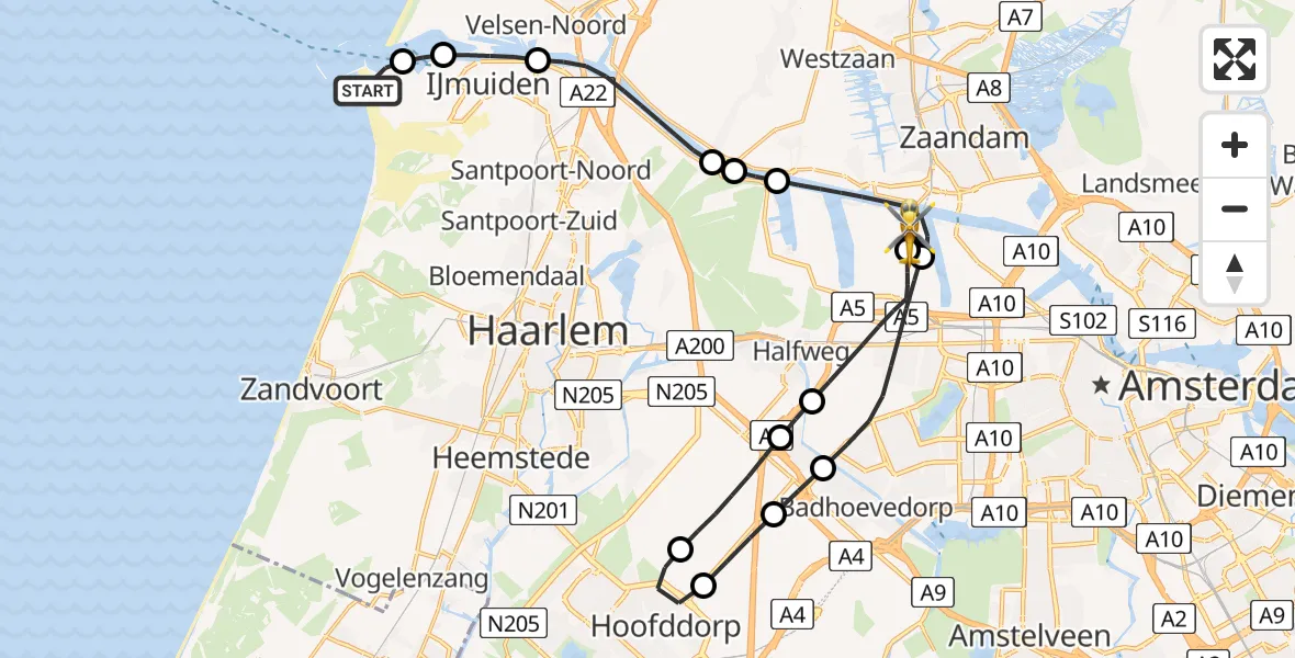 Vluchtroute Traumahelikopter IJmuiden - Amsterdam Heliport, 21 juni 2026, 20:56