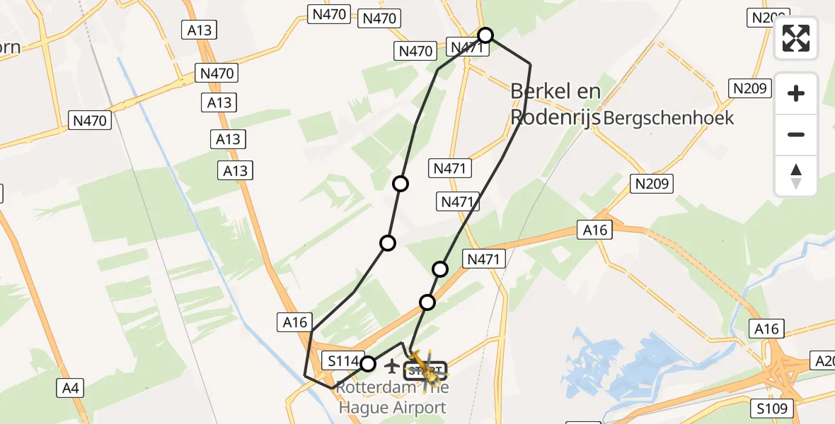 Vluchtroute Traumahelikopter Rotterdam The Hague Airport - Rotterdam The Hague Airport, 21 juni 2026, 22:41