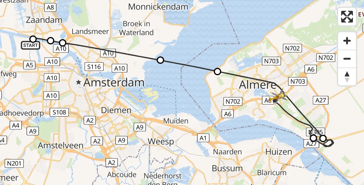 Vluchtroute Traumahelikopter Amsterdam Heliport - Almere, 22 juni 2026, 00:10
