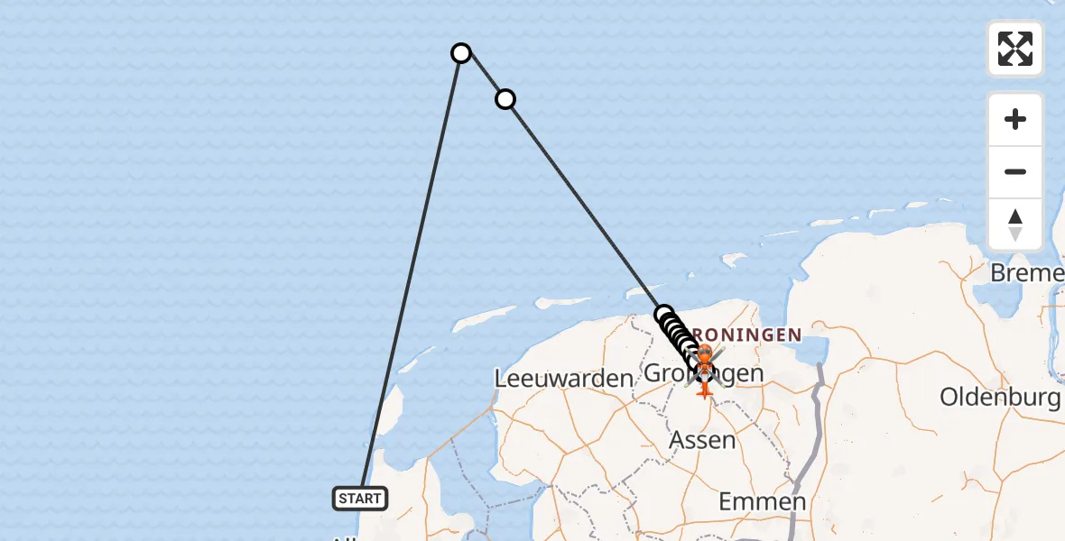 Vluchtroute Kustwachthelikopter Noordzee - Universitair Medisch Centrum Groningen, 22 juni 2026, 02:43