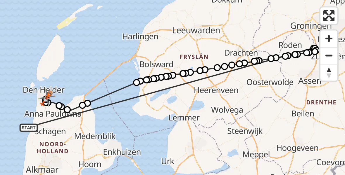 Vluchtroute Kustwachthelikopter Noordzee - Militair vliegveld De Kooy / Den Helder Airport, 22 juni 2026, 05:14