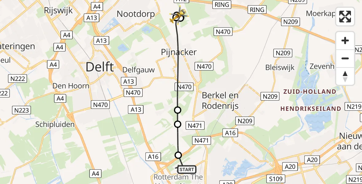 Vluchtroute Traumahelikopter Rotterdam The Hague Airport - Nootdorp, 22 juni 2026, 06:02
