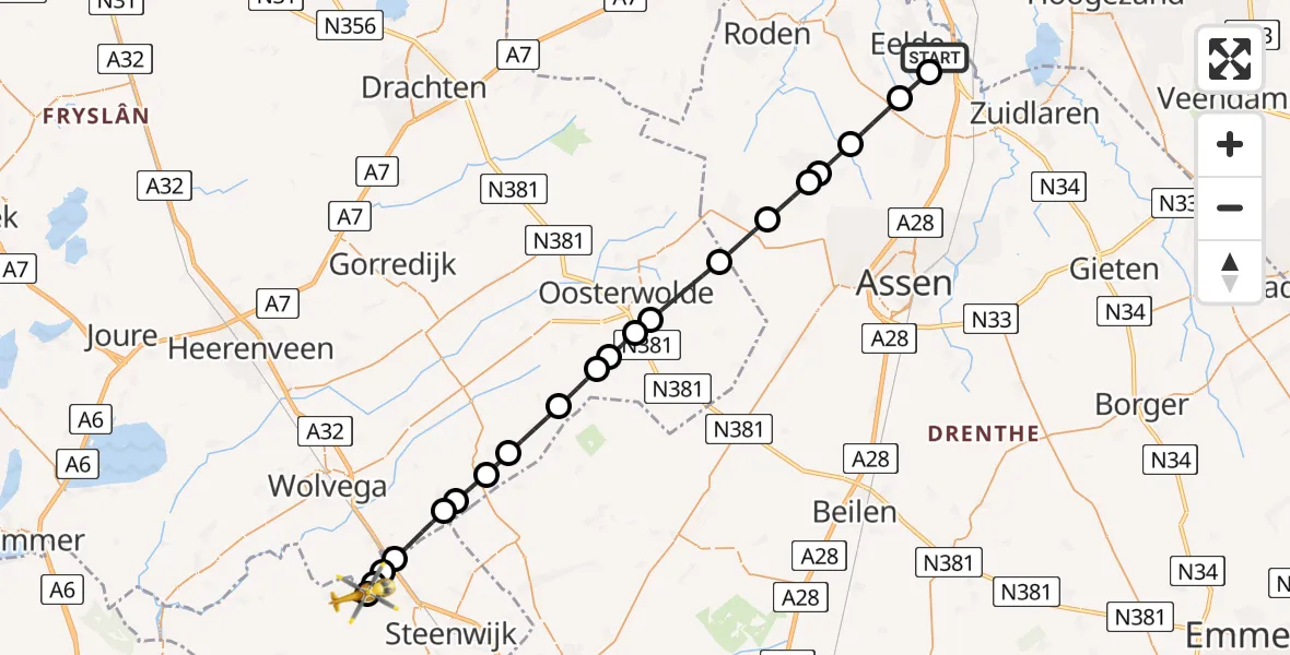 Vluchtroute Traumahelikopter Groningen Airport Eelde - Basse, 22 juni 2026, 06:23
