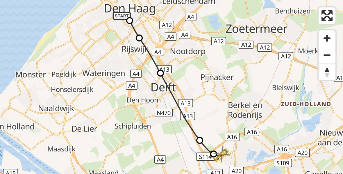 Vluchtroute Traumahelikopter HMC Westeinde Heliport - Rotterdam The Hague Airport, 22 juni 2026, 07:17