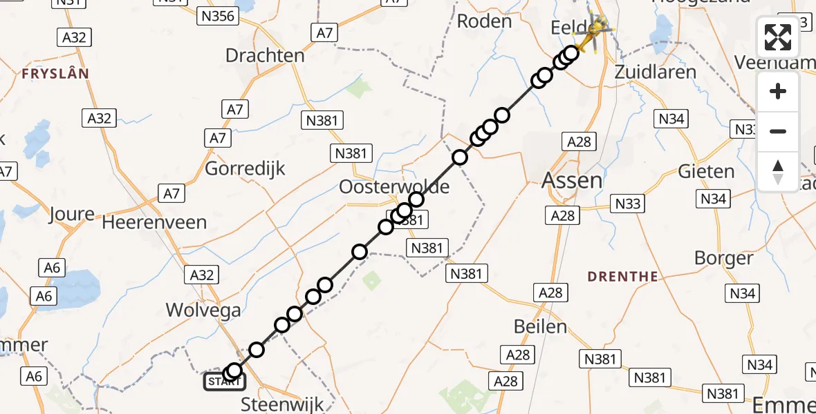 Vluchtroute Traumahelikopter Basse - Groningen Airport Eelde, 22 juni 2026, 07:20