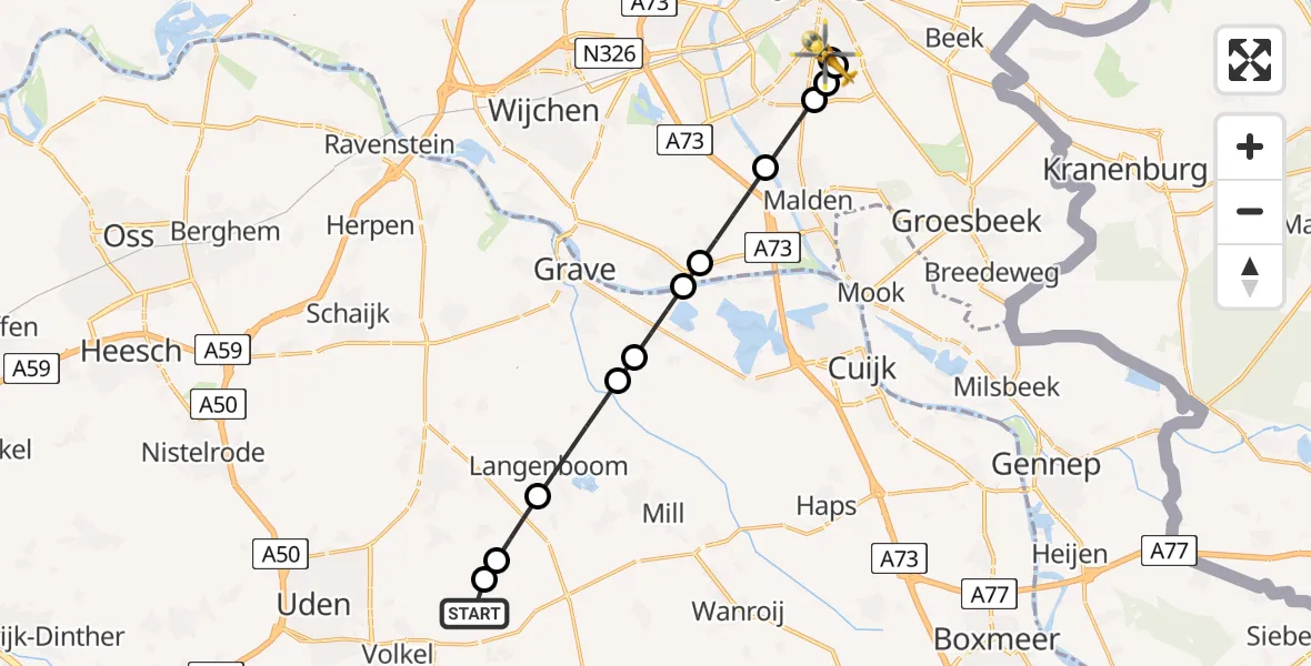 Vluchtroute Traumahelikopter Vliegbasis Volkel - Radboud University Medical Center Heliport, 22 juni 2026, 08:19