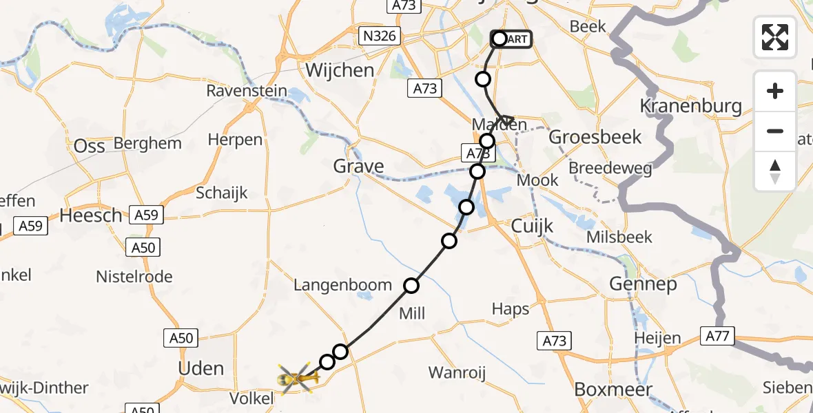 Vluchtroute Traumahelikopter Radboud Universitair Medisch Centrum - Vliegbasis Volkel, 22 juni 2026, 08:52