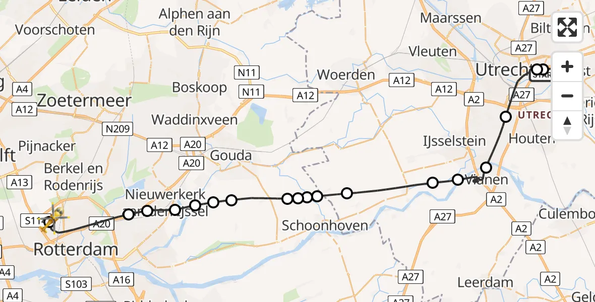 Vluchtroute Traumahelikopter Universitair Medisch Centrum Utrecht - Rotterdam The Hague Airport, 22 juni 2026, 09:29