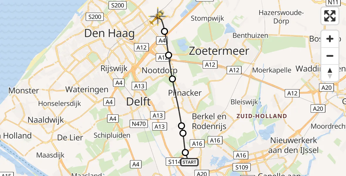 Vluchtroute Traumahelikopter Rotterdam The Hague Airport - Leidschendam, 22 juni 2026, 11:03