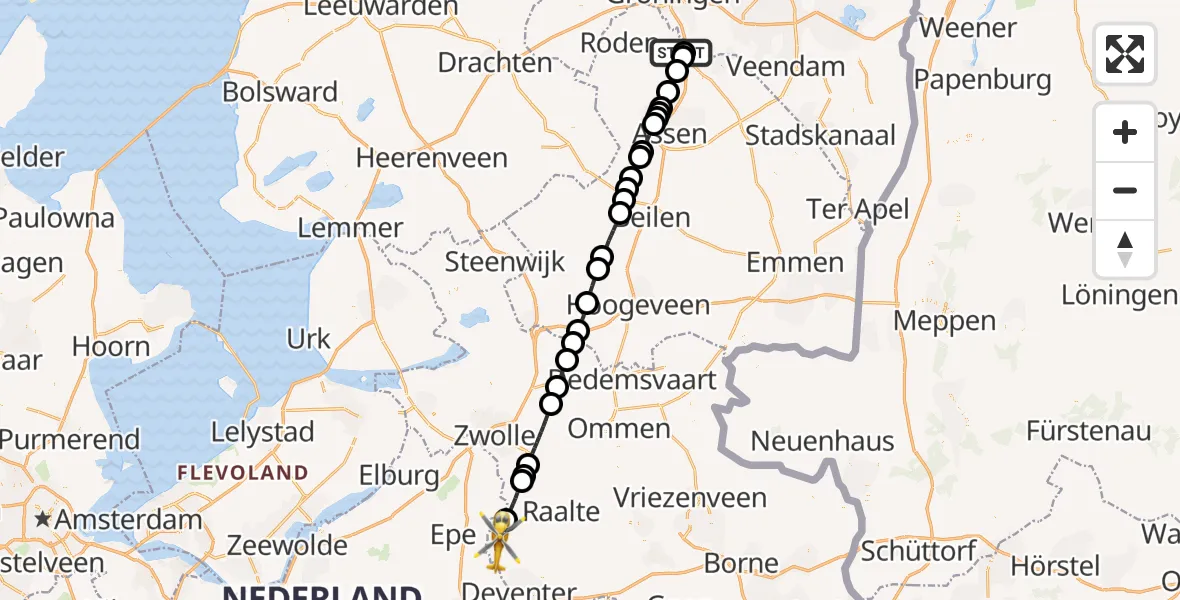 Vluchtroute Traumahelikopter Groningen Airport Eelde - Olst, 22 juni 2026, 11:08