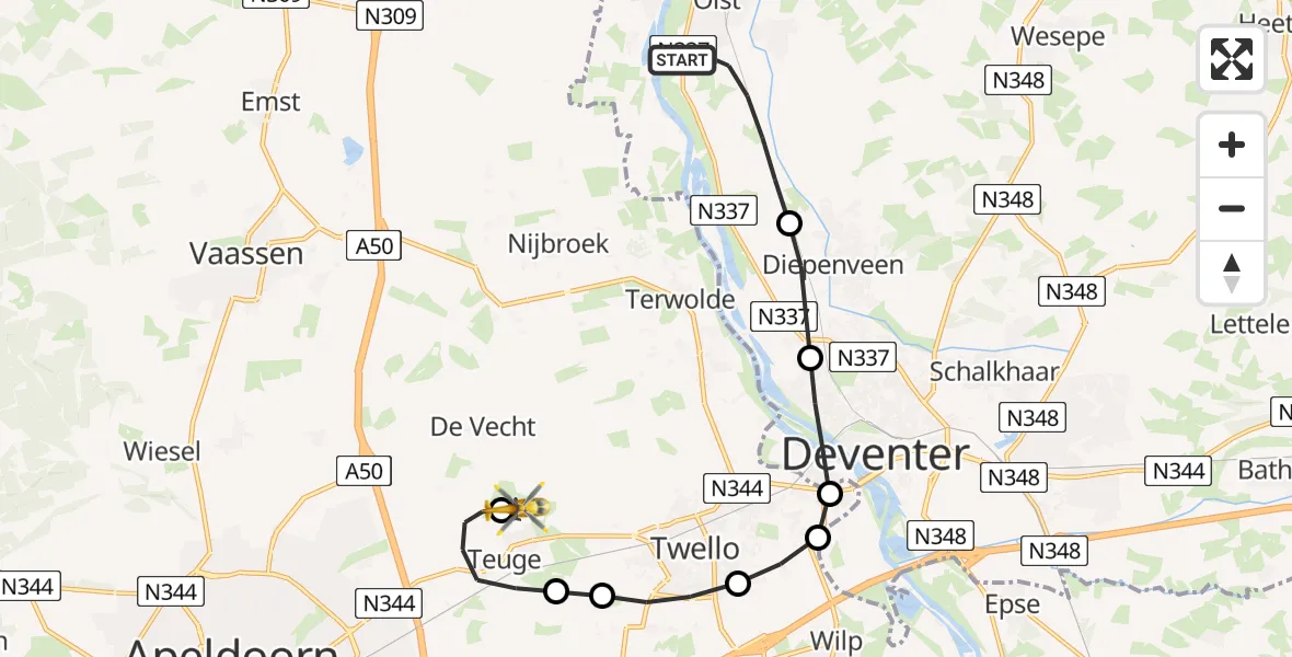 Vluchtroute Traumahelikopter Olst - Vliegveld Teuge, 22 juni 2026, 11:56