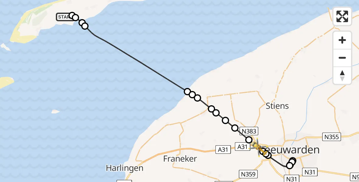Vluchtroute Ambulancehelikopter Terschelling Heliport - Marsum, 22 juni 2026, 12:43