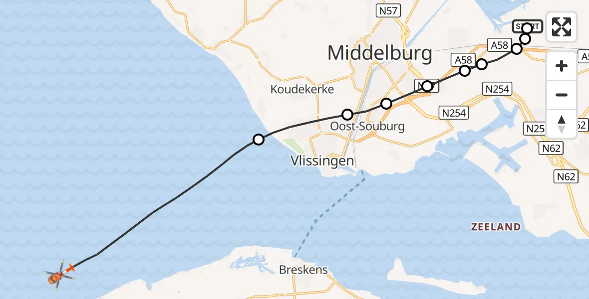 Vluchtroute Kustwachthelikopter Vliegveld Midden-Zeeland - Noordzee, 22 juni 2026, 13:09