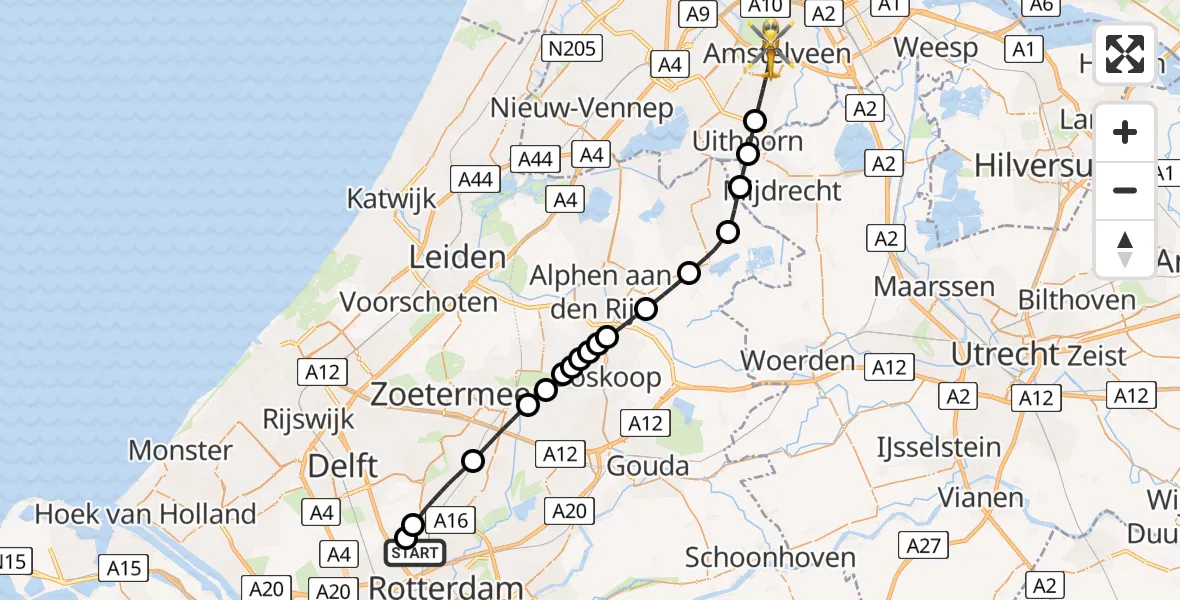 Vluchtroute Traumahelikopter Rotterdam The Hague Airport - Amstelveen, 22 juni 2026, 13:44