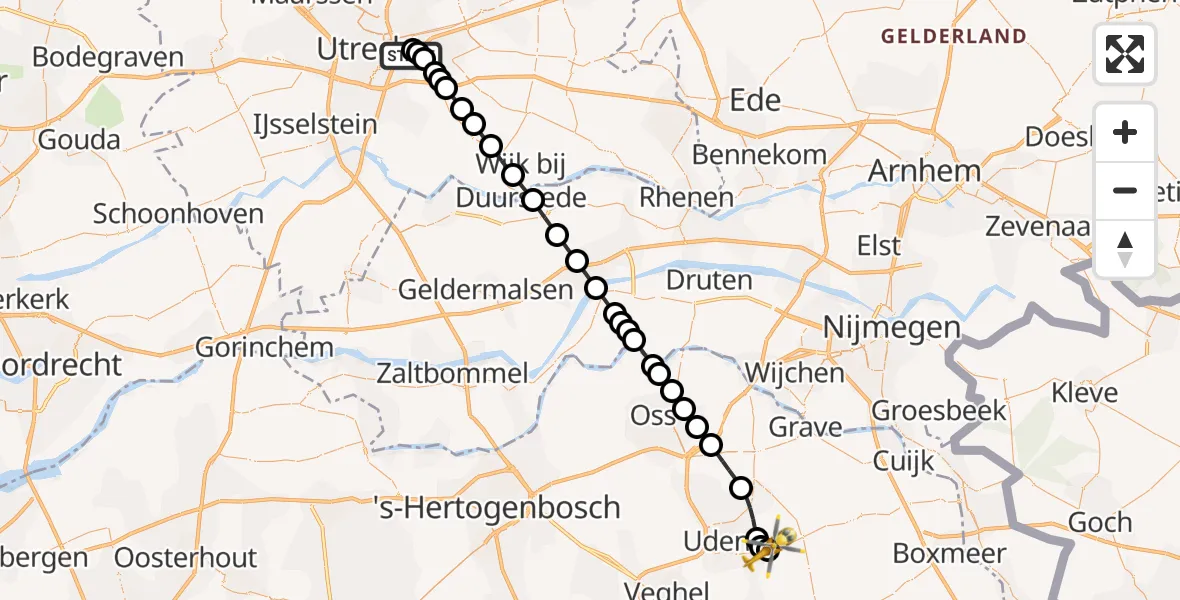 Vluchtroute Traumahelikopter Universitair Medisch Centrum Utrecht - Vliegbasis Volkel, 22 juni 2026, 14:03