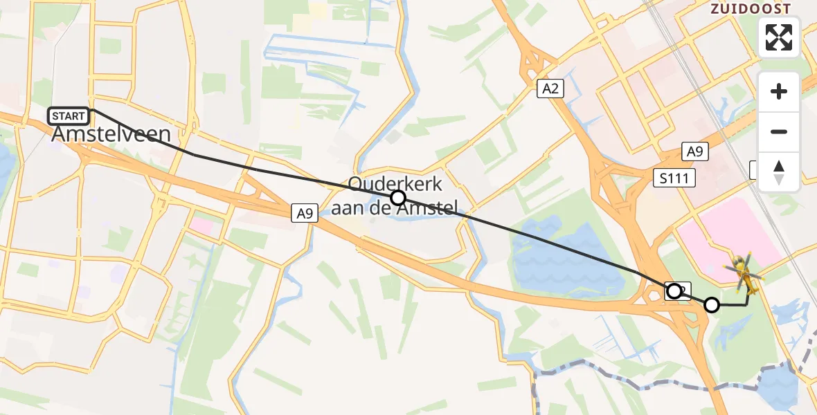 Vluchtroute Traumahelikopter Amstelveen - Amsterdam UMC Helipad, 22 juni 2026, 14:18