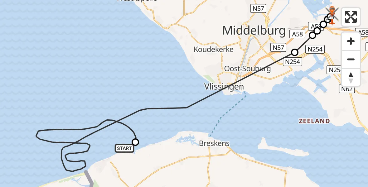 Vluchtroute Kustwachthelikopter Vlissingen - Vliegveld Midden-Zeeland, 22 juni 2026, 14:20