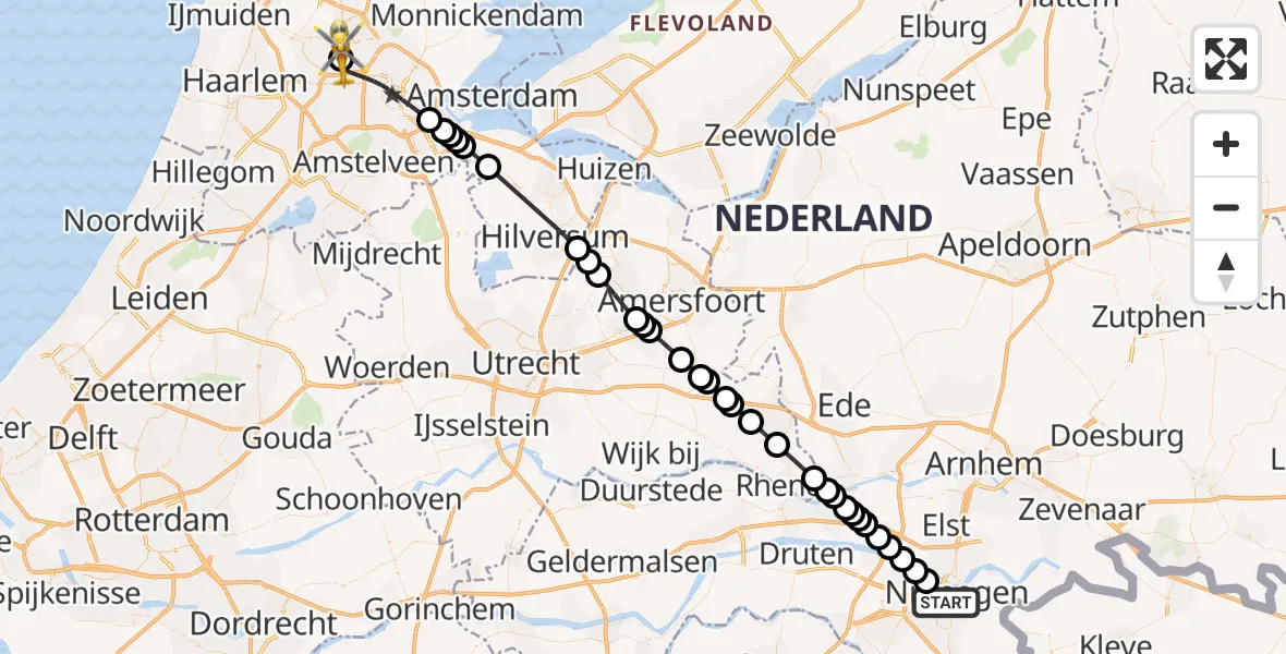 Vluchtroute Traumahelikopter Nijmegen - Amsterdam Heliport, 22 juni 2026, 14:43
