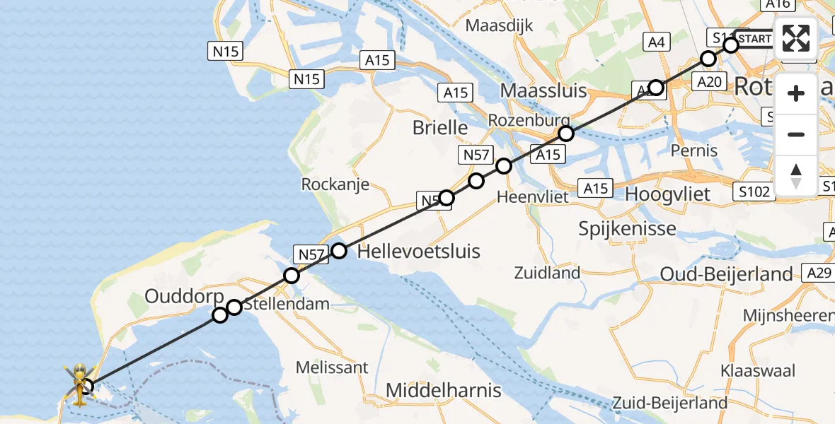 Vluchtroute Traumahelikopter Rotterdam The Hague Airport - Ouddorp, 22 juni 2026, 15:05