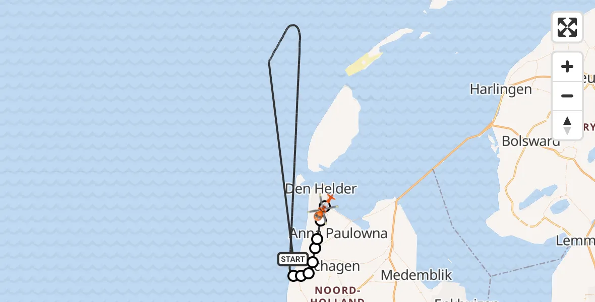 Vluchtroute Kustwachthelikopter Noordzee - Den Helder, 22 juni 2026, 15:43