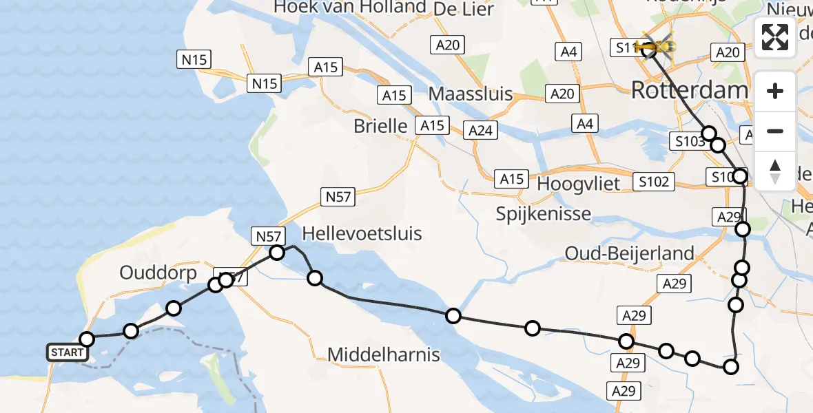 Vluchtroute Traumahelikopter Ouddorp - Rotterdam The Hague Airport, 22 juni 2026, 15:57