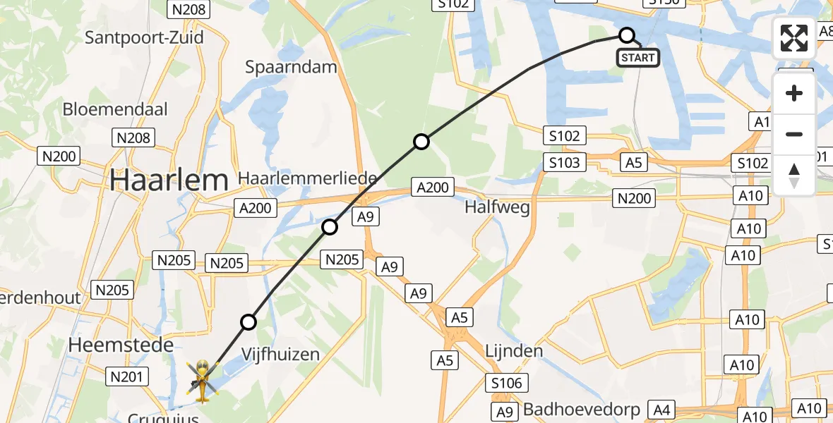 Vluchtroute Traumahelikopter Amsterdam Heliport - Haarlem, 22 juni 2026, 17:58