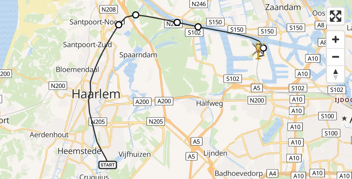 Vluchtroute Traumahelikopter Haarlem - Amsterdam Heliport, 22 juni 2026, 18:48