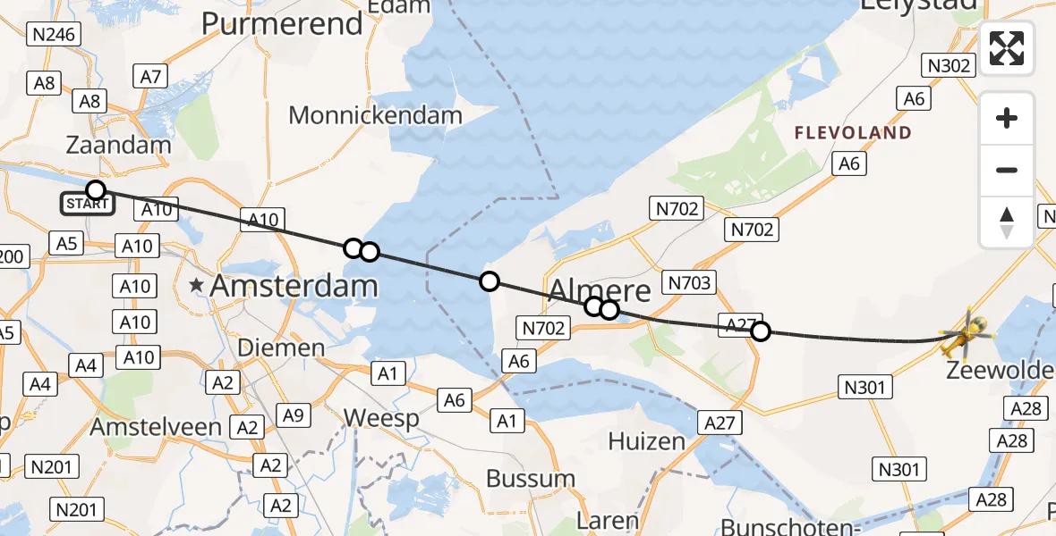 Vluchtroute Traumahelikopter Amsterdam Heliport - Zeewolde, 22 juni 2026, 20:39