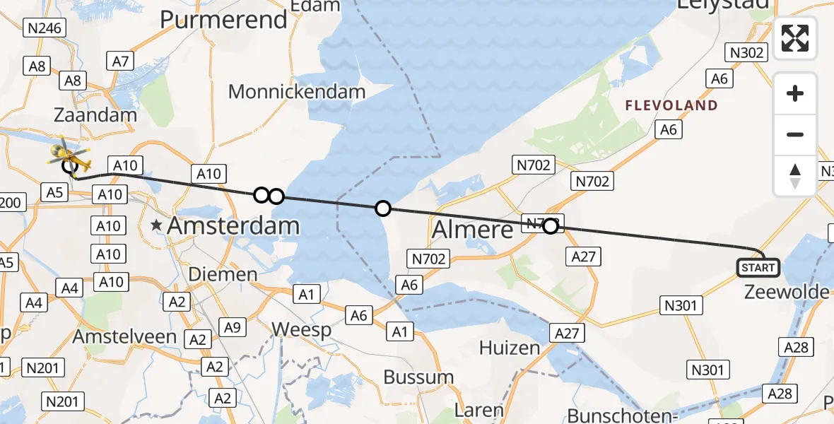 Vluchtroute Traumahelikopter Zeewolde - Amsterdam Heliport, 22 juni 2026, 20:58