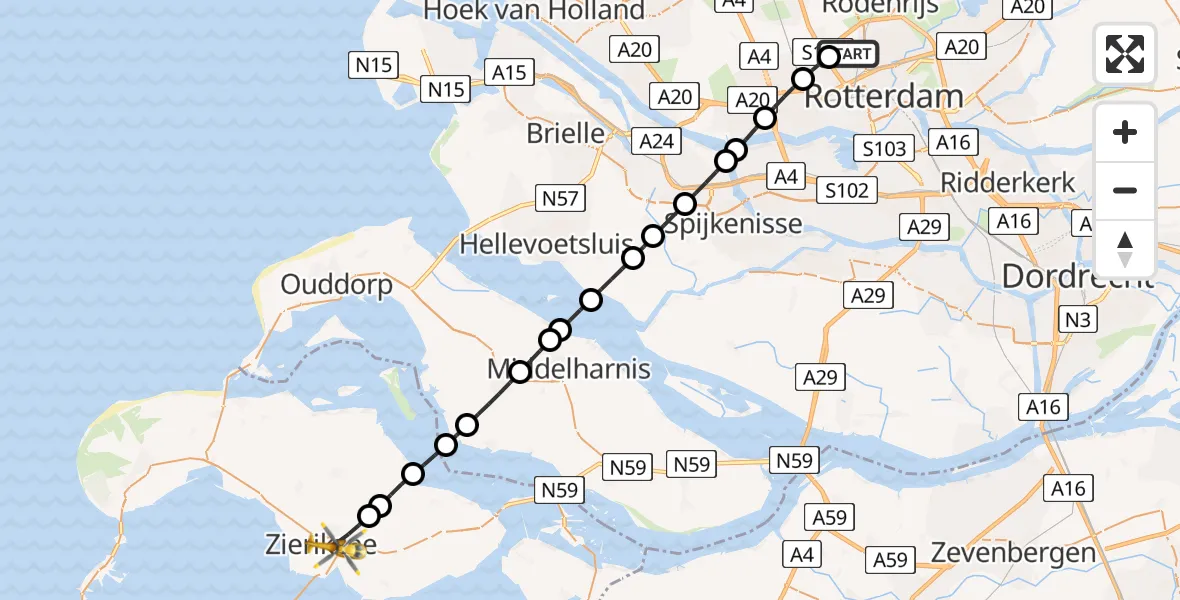 Vluchtroute Traumahelikopter Rotterdam The Hague Airport - Zierikzee, 23 juni 2026, 02:03